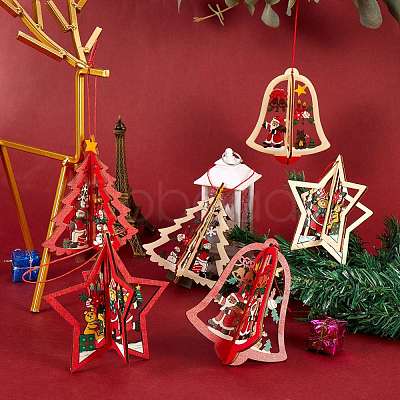 6 Sets 6 Style Christmas Tree & Star & Bell Wooden Ornaments DIY-SZ0003-39-1