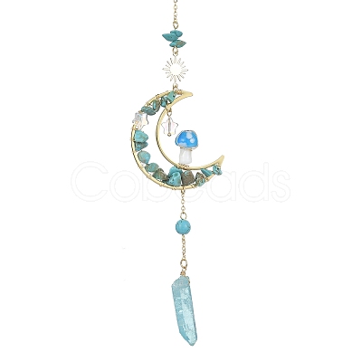 Wire Wrapped Synthetic Turquoise Chips & Brass Moon Pendant Decorations HJEW-TA00103-03-1