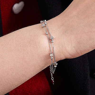 Anti-Tarnish Rhodium Plated 925 Sterling Silver Satellite Chain Multi-strand Bracelets with Star Beaded JB708A-1