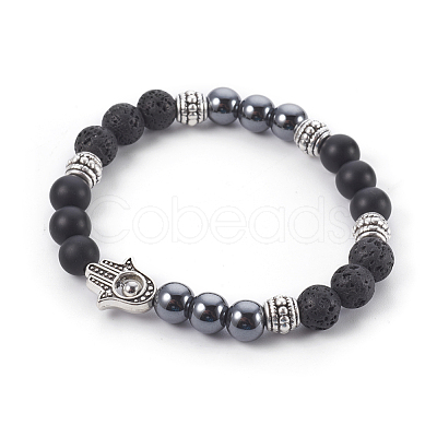 Natural Lava Rock and Black Agate(Dyed) Stretch Bracelets BJEW-JB04006-04-1