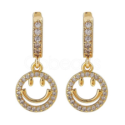 Clear Cubic Zirconia Smiling Face Drop Huggie Hoop Earrings EJEW-SW00005-07-1