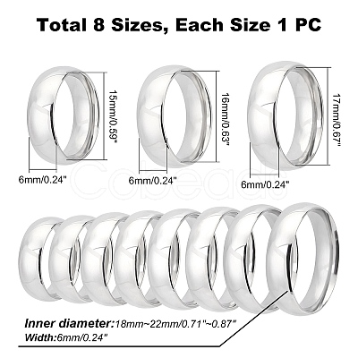 Unicraftale 8Pcs 8 Style 304 Stainless Steel Plain Simple Flat Band Rings for Men Women STAS-UN0031-66-1