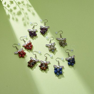 Gemstone Beaded Heart Butterfly Dangle Earrings EJEW-JE05039-1