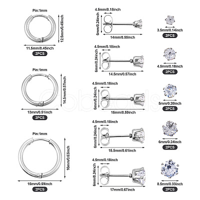 16Pcs 8 Style Clear Cubic Zirconia Stud Earrings & Titanium Steel Huggie Hoop Earrings DIY-TA0004-54-1