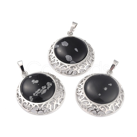 Natural Snowflake Obsidian Pendants with Hollow Platinum Brass Findings G-P448-A11-P-1