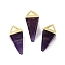 Natural Amethyst Pendants, Triangle Charms with Golden Plated Brass Findings, 18.5mm, Hole: 2x3mm