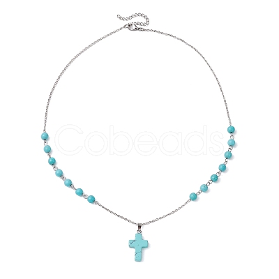 Cross Synthetic Turquoise Pendant Necklaces NJEW-JN05009-1