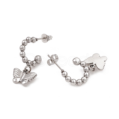 Tarnish Resistant 304 Stainless Steel Ring with Butterfly Dangle Stud Earrings EJEW-B018-01P-1