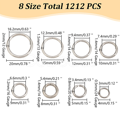 ARRICRAFT 1212pcs 8 Styles 304 Stainless Steel Jump Rings STAS-AR0002-08-1