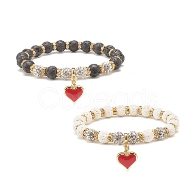 2Pcs 2 Colors Natural Lava Rock Stretch Bracelets Set with Rhinestone Beads BJEW-JB07723-1