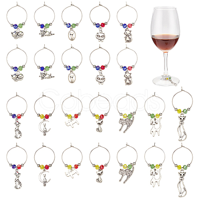 24Pcs 12 Style Tibetan Style Alloy Pendant & Brass Ring Wine Glass Charms AJEW-AB00056-1