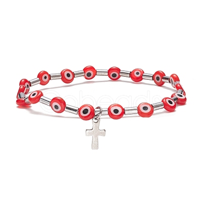 Lampwork Evil Eye & Stainless Steel Column Beaded Stretch Bracelet with Cross Charm for Women BJEW-JB08601-1