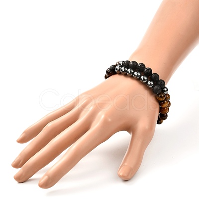 Natural Tiger Eye & Lava Rock & Synthetic Hematitie Beads Stretch Bracelet Set BJEW-JB07030-1