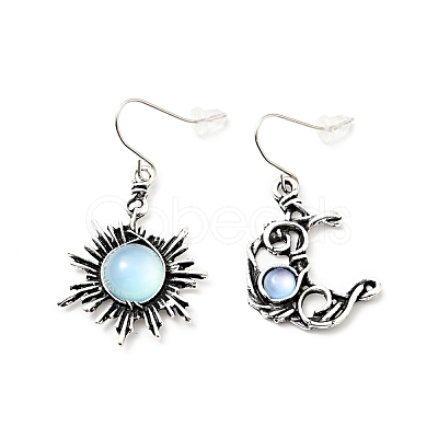 Resin Beaded Moon and Sun Asymmetrical Earrings EJEW-C036-01A-1