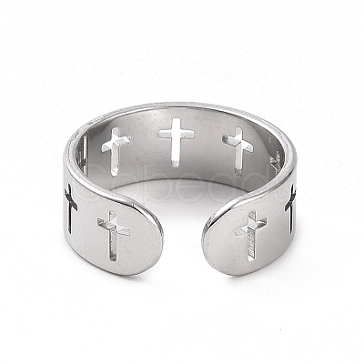 Non-Tarnish 304 Stainless Steel Hollow Out Cross Open Cuff Ring for Women RJEW-C053-02P-1