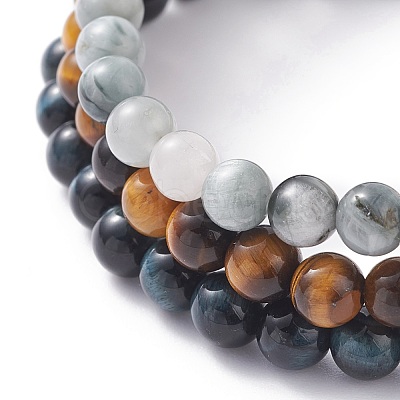 Round Natural Tiger Eye & Hawk's Eye Beads Stretch Bracelets Set BJEW-JB07151-1