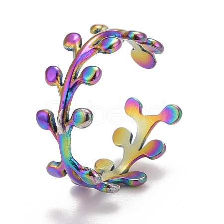 Rainbow Color Ion Plating(IP) 304 Stainless Steel Leaf Wrap Open Cuff Ring for Women RJEW-A005-02-1