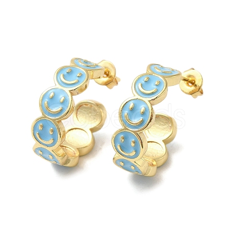 Smiling Face Real 18K Gold Plated Brass Stud Earrings EJEW-L268-016G-01-1