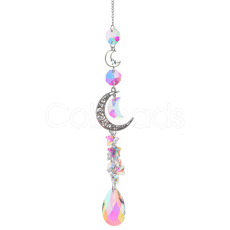 Glass Moon Hanging Suncatcher Pendant Decoration DJEW-PW0008-10A-1