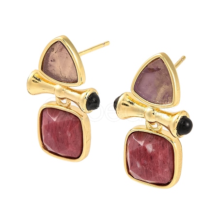 Ion Plating(IP) Natural Amethyst and Natural Rhodonite Stud Earring Findings EJEW-U014-01C-1