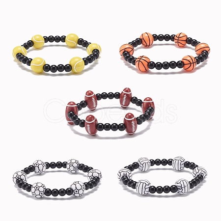 Sport Theme Acrylic Beaded Stretch Bracelet for Men Women BJEW-JB08549-1