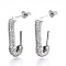 Brass Micro Pave Clear Cubic Zirconia Half Hoop Earrings, Stud Earrings, with Ear Nuts, Nickel Free, Safety Pin Shape, Platinum, 24.5x5mm, Pin: 0.8mm