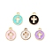 Light Gold Plated Alloy Enamel Pendants, Flat Round with Cross, Mixed Color, 15x12x1.5mm, Hole: 1.6mm