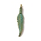 Tibetan Style Alloy Pendants, Feather, Golden & Green Patina, 31.5x6.5x4mm, Hole: 2mm