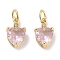 Brass Micro Pave Cubic Zirconia Charms, with Jump Ring, Heart, Real 18K Gold Plated, Pink, 13x7.5x5mm, Hole: 3mm