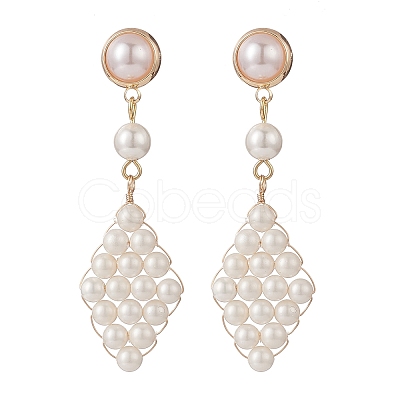 Shell Pearl & Plastic Braided Rhombus Dangle Stud Earrings EJEW-TA00166-1