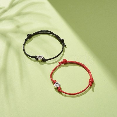 2Pcs 2 Colors Alloy Heart Beaded Cord Bracelets Set BJEW-JB08113-02-1