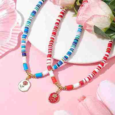 2Pcs 2 Style Alloy Enamel Flower Pendant Necklaces Set NJEW-JN04537-1