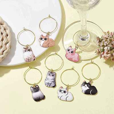 12pcs Cat Alloy Pendants Wine Glass Charms Sets AJEW-JO00251-1