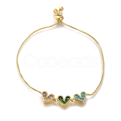 Rack Plating Brass Micro Pave Colorful Cubic Zirconia Box Chain Heart Link Slider Bracelets BJEW-H614-01G-01-1