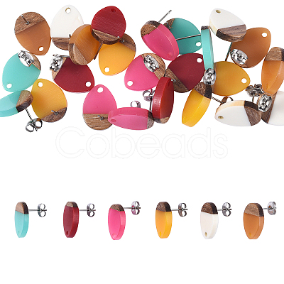 12 Pairs 6 Colors Resin & Walnut Wood Stud Earring Findings MAK-CJ0001-08-1