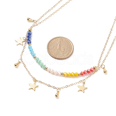 Brass Star Charms Double Layer Necklace with Colorful Glass Beaded for Women NJEW-TA00050-1