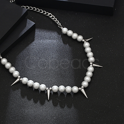 Conical Pearl Bib Necklace Stainless Steel Curb Chain Necklaces for Men and Women  UK1086-1