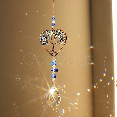 Natural Lapis Lazuli Chip Wrapped Heart with Tree of Life Hanging Ornaments PW-WG90532-09-1