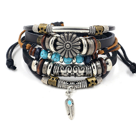 Fashionable multi-layer alloy beaded turquoise woven bracelet with simple butterfly decoration leather bracelet AO9489-3-1