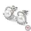 Cubic Zirconia Heart with Natural Pearl Stud Earrings EJEW-F318-10P-1