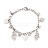 201 Stainless Steel Heart & Hamsa Hand Charm Bracelet with Curb Chain for Women STAS-P304-29P-1