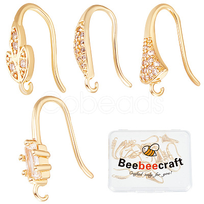 Beebeecraft 24Pcs 4 Style Brass Micro Pave Clear Cubic Zirconia Earring Hooks KK-BBC0012-32-1