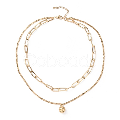 PVD Vacuum Plating 304 Stainless Steel Double Chains Multi Layered Necklace with Round Ball Charms for Women STAS-E155-07G-1