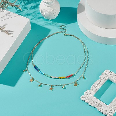 Brass Star Charms Double Layer Necklace with Colorful Glass Beaded for Women NJEW-TA00050-1