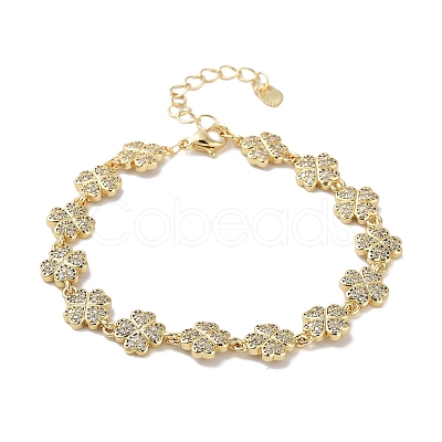 Rack Plating Brass Pave Clear Cubic Zirconia Clover Link Chain Bracelets for Women BJEW-R317-08G-1