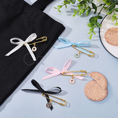 4Pcs 4 Color Satin Ribbon Bowknot & Alloy Enamel Cross Charms Safety Pin Brooches JEWB-AB00014-1