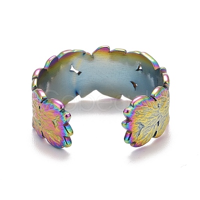 Rainbow Color Ion Plating(IP) 304 Stainless Steel Leaf Open Cuff Ring for Women RJEW-A005-16-1