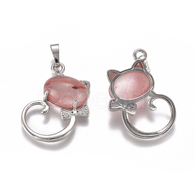 Cherry Quartz Glass Kitten Pendants G-L512-R03-1