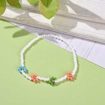 Handmade Daisy Flower Baking Paint & Dyed Glass Seed Beaded Stretch Bracelets BJEW-JB07668-02-1