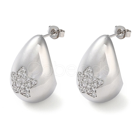 Teardrop with Star Brass Micro Pave Clear Cubic Zirconia Stud Earrings EJEW-A034-03P-1